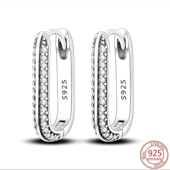 925 Sterling Silver and Diamond U Shaped Hoop Earrings - Picture 2 of 5